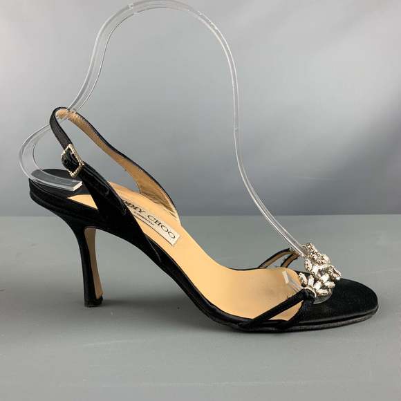 JIMMY CHOO Black Satin Embellishment Slingback Sandals - Picture 2 of 8